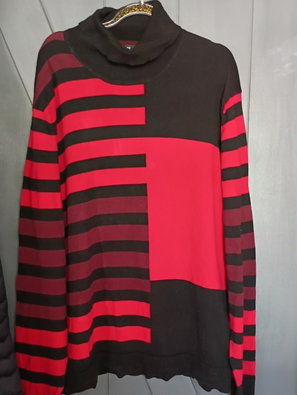 Alfani Black and Red Geometric-Panel Turtleneck Sweater